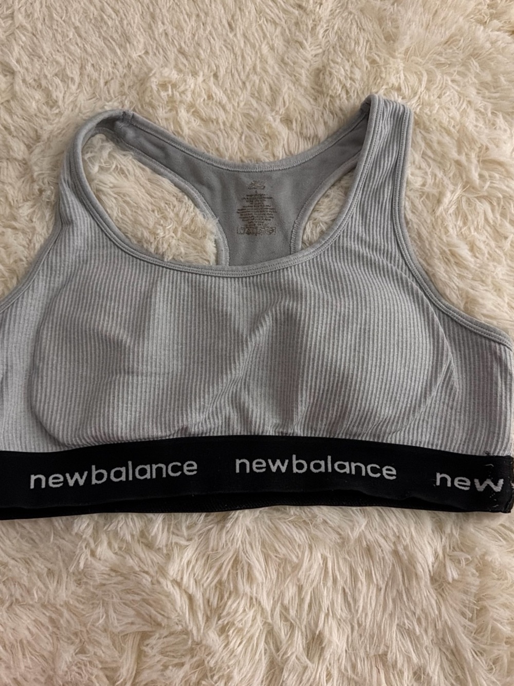 New Balance Light Gray Ribbed Racerback Sports Bra with Black Branded Band